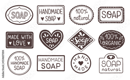 Hand drawn labels for handmade soap bars. Handmade soap stamp. Set of vector templates for all kind soap design