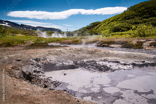 Steaming mud holes and solfataras in the geothermal area of Kamchatka peninsula. Summer landscape