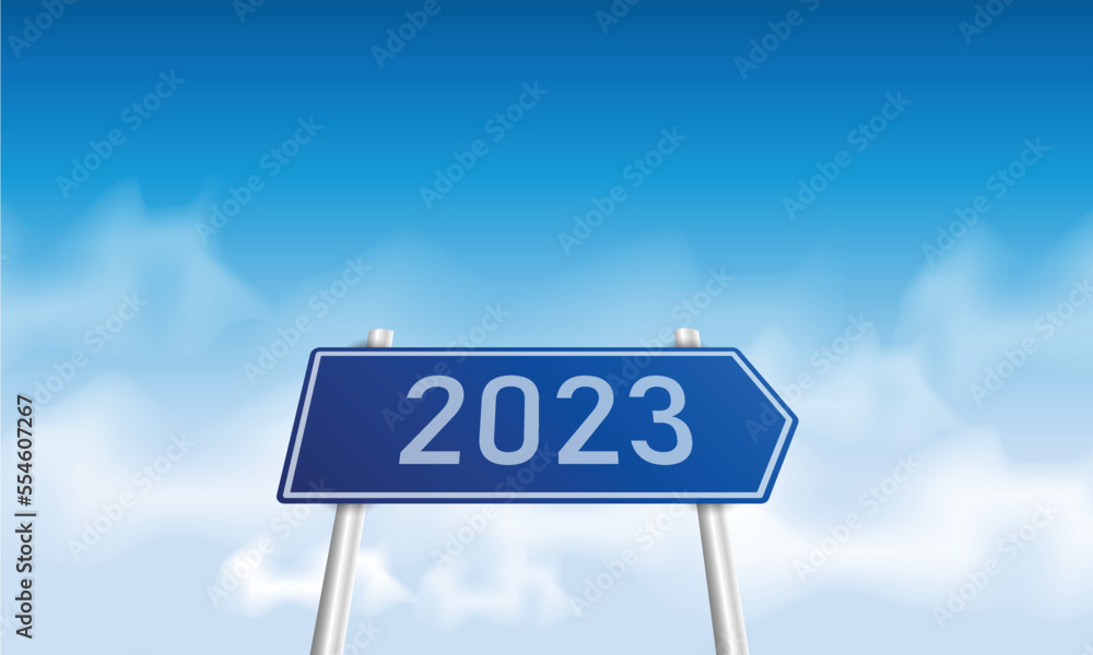 Number 2023 writing on a traffic sign. with blue sky on sunny day. concept of happy new year. vector illustration Number 2023 writing on a traffic sign. with blue sky on sunny day. concept of happy new year. vector illustration