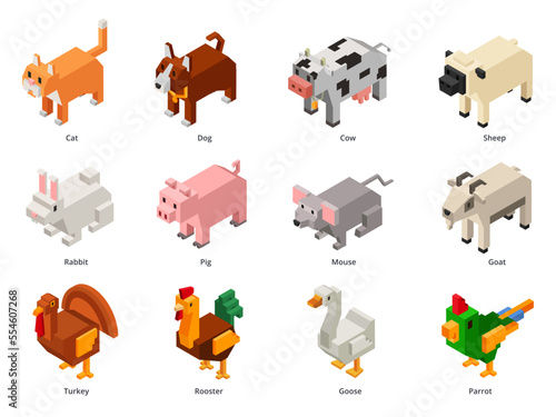 Isometric domestic animals. Low poly pets and farm birds. Squared cat, polygonal dog and voxel rabbit 3D cartoon vector set