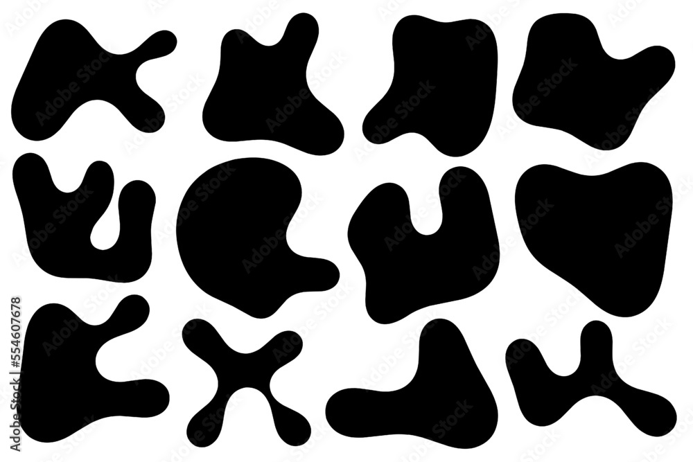 Set of abstract liquid forms and fluid shapes, blobs element, black abstract blobs, irregular shapes, black ink.