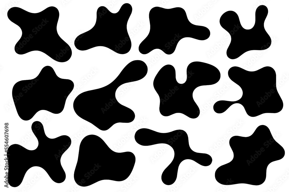 Set of abstract liquid forms and fluid shapes, blobs element, black abstract blobs, irregular shapes, black ink.