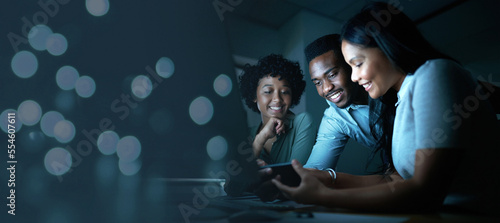 Collaboration, night and mockup with a business team working overtime together in their office in the evening. Teamwork, dark and dedication with a man and woman employee group at work in advertising