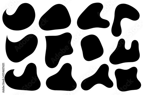 Set of abstract liquid forms and fluid shapes, blobs element, black abstract blobs, irregular shapes, black ink.