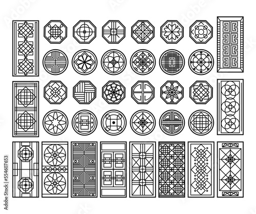 Traditional korean window pattern. Circle ornament, rectangular geometric cutter decor and asian graphic design element vector set