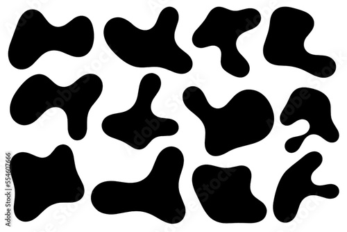 Set of abstract liquid forms and fluid shapes, blobs element, black abstract blobs, irregular shapes, black ink.