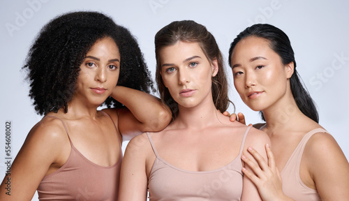 Diversity, women portrait and skincare wellness of model friends with beauty and health. Cosmetics, body positivity and woman solidarity and support for self care, self love and natural cosmetics