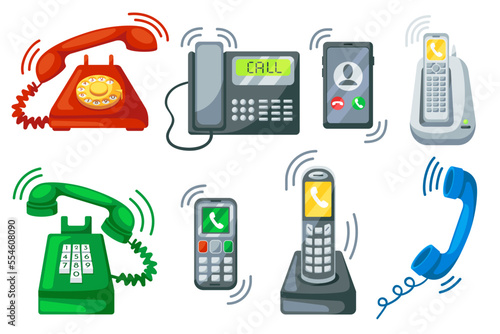 Ringing telephone. Old telephone ring with handset, incoming call on smartphone and office phone cartoon vector set