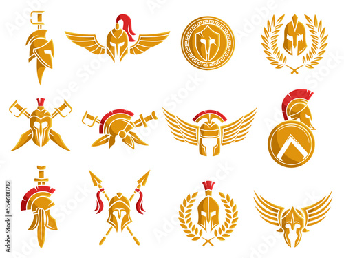 Spartan helmet emblem. Warrior armor with wings and weapon, gladiator tattoo and round shield vector Illustration set