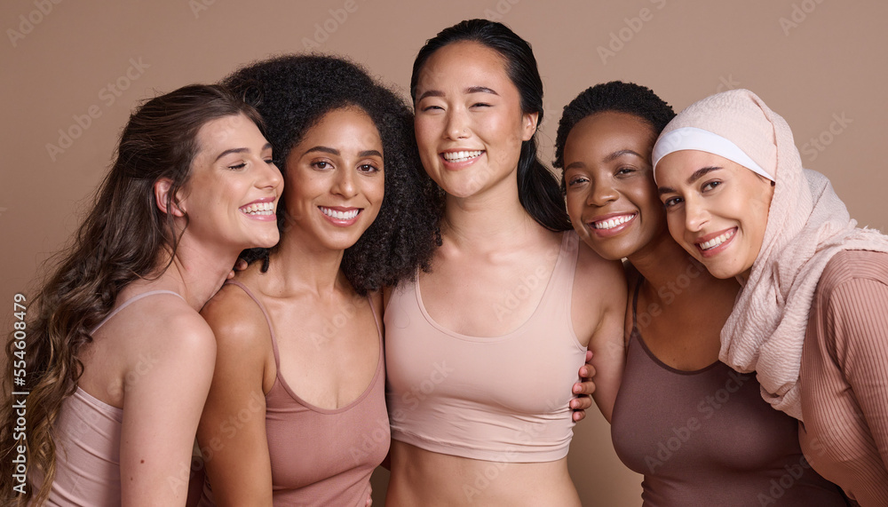 Face portrait, beauty and diversity of women in studio isolated on a brown background. Makeup, cosmetics and group of different female models posing together for self love, inclusion and empowerment. Face portrait, beauty and diversity of women in studio isolated on a brown background. Makeup, cosmetics and group of different female models posing together for self love, inclusion and empowerment.