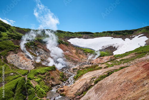 Steaming mud holes and solfataras in the geothermal area of Kamchatka peninsula. Summer landscape