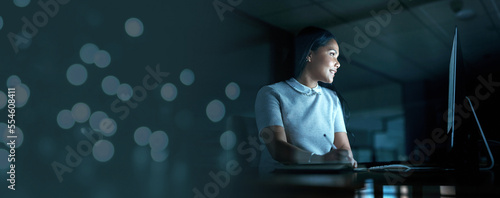 Принти на полотні Mockup, night and overtime with a business woman at work on a deadline in a marketing office for advertising