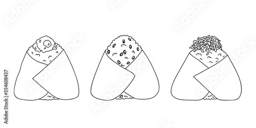 Hand drawn onigiri clipart set. Japanese fast food made of rice. Rice ball in nori seaweed