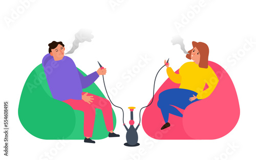 sitting couple man and woman smoking hookah relaxing vector illustration