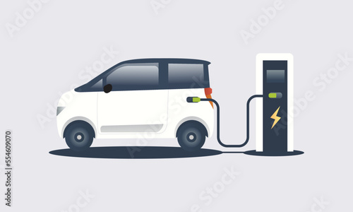 Flat vector illustration of a white electric car suv charging at the white charger station.