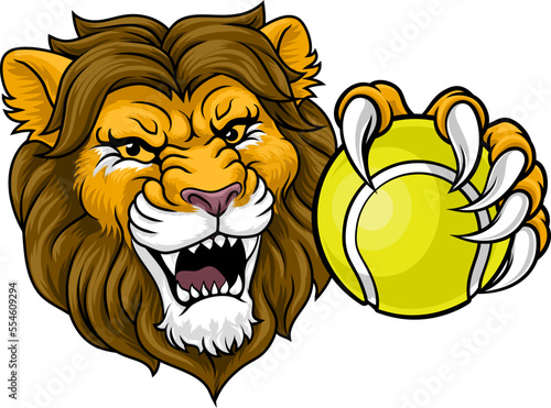 A lion with a tennis ball sports team animal cartoon mascot