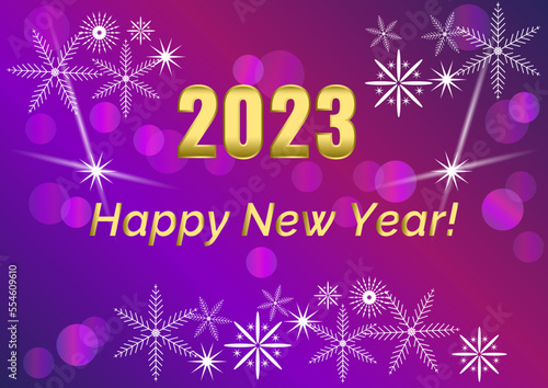 Greeting card Happy New Year 2023, gold inscription on a purple-purple background, rainbow fireflies with white snowflakes.