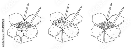 Set of tradition asian food in paper box in hand drawn doodle style. Vector illustration.