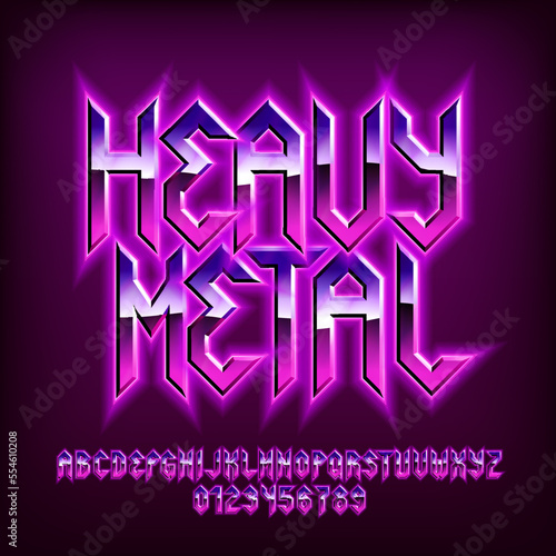 Heavy Metal alphabet font. Glowing letters, numbers and punctuations in heavy metal style. Retro typescript for your typography design.