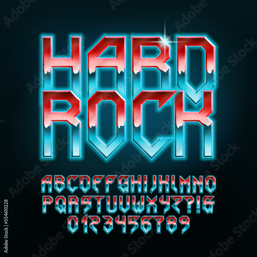 Hard Rock alphabet font. Glowing letters, numbers and punctuations in heavy metal style. Retro typescript for your typography design.