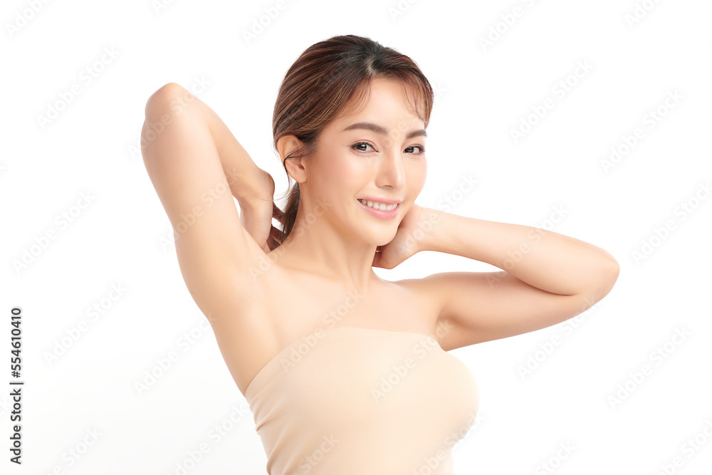 Beautiful Young Asian woman lifting hands up to show off clean and hygienic armpits or underarms on white background, Smooth armpit cleanliness and protection concept Beautiful Young Asian woman lifting hands up to show off clean and hygienic armpits or underarms on white background, Smooth armpit cleanliness and protection concept
