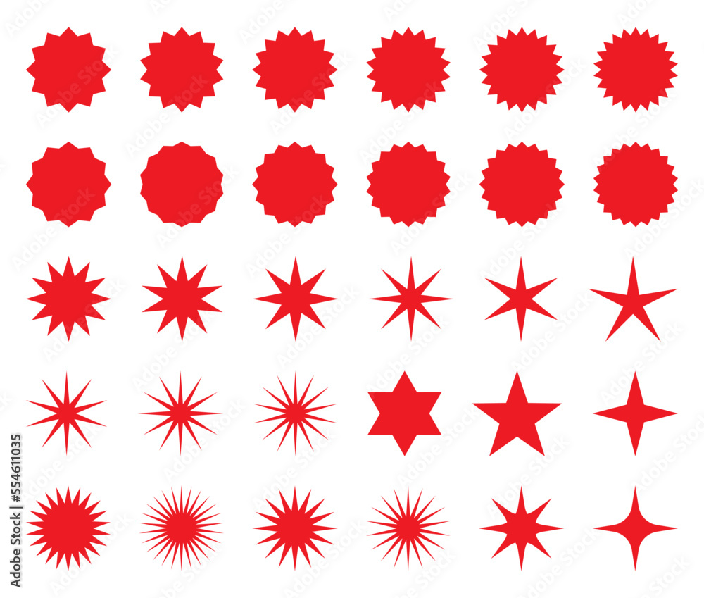 Set of red star or sun shaped sale stickers. Promotional sticky notes and labels. Set of red star or sun shaped sale stickers. Promotional sticky notes and labels.
