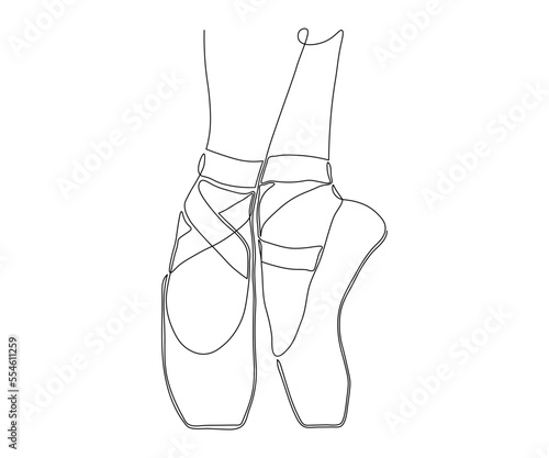 women's feet in pointe shoes. Drawn by hand with a monoline. One line art