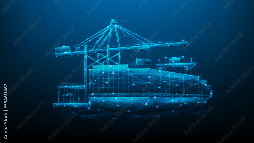 logistic container ship technology digital. business transportation blue dark background. vector illustration fantastic hi tech. importing and exporting goods. ship loading and unloading in  harbor. - obrazy, fototapety, plakaty 