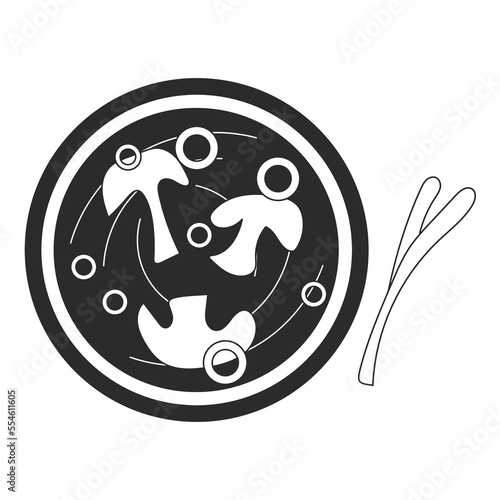 Top view illustration of vegan miso soup with mushroom seaweed green onion in black and white. Vector stock illustration isolated on white background. Outline style