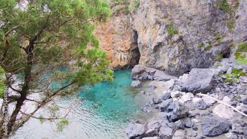 Coast Near Magno Arch in San Nicola d'Arcella, Calabria, Italy. Amazingly Clear Turquoise Water of the Tyrrhenian Sea. Painting Place. Beautiful Calabria.