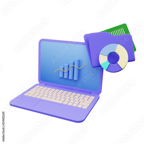 Data analytics concept. business financial plan presentation on desktop screen with graph and floder icons. 3d illustration PNG file photo