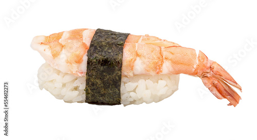 Shrimp sushi closeup isolated on white background photo