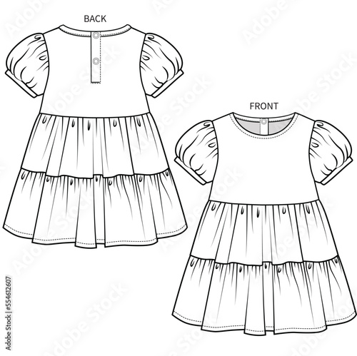 PUFF SLEEVES DETAIL FASHION DRESS FRONT AND BACK FLAT IN EDITABLE VECTOR FILE
