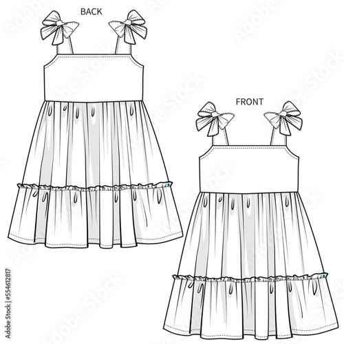 SHOULDER BOW TIE UP TIERED SUMMER DRESS FOR KID GIRLS AND TODDLER GIRLS IN EDITABLE VECTOR