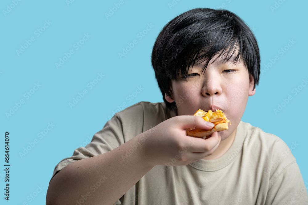 Asian fat boy eating delicious pizza. Concepts junk foods that cause children's health problems, pathogenic. Model wearing a brown t-shirt, light blue background, isolated, copy space. Asian fat boy eating delicious pizza. Concepts junk foods that cause children's health problems, pathogenic. Model wearing a brown t-shirt, light blue background, isolated, copy space.