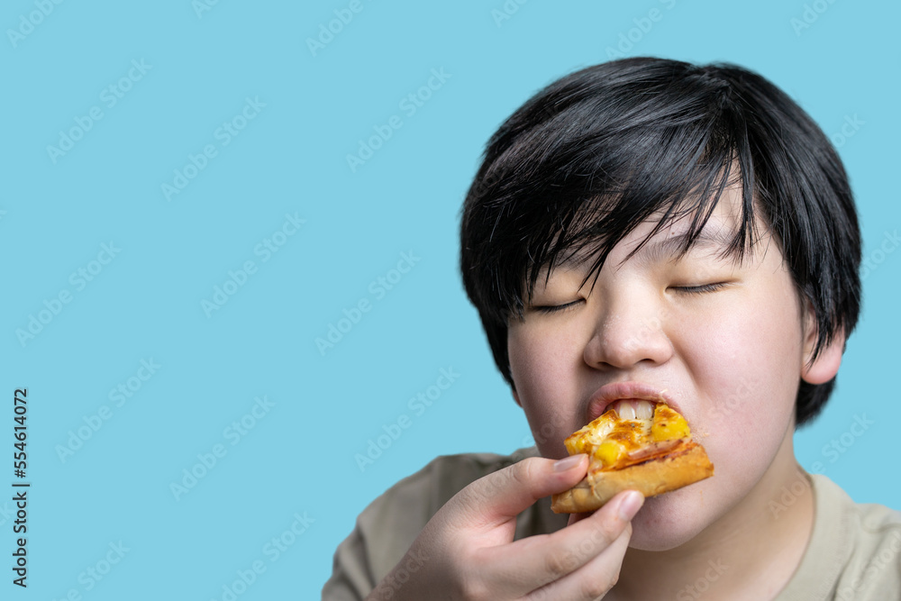 Asian fat boy eating delicious pizza. Concepts junk foods that cause children's health problems, pathogenic. Model wearing a brown t-shirt, light blue background, isolated, copy space. Asian fat boy eating delicious pizza. Concepts junk foods that cause children's health problems, pathogenic. Model wearing a brown t-shirt, light blue background, isolated, copy space.