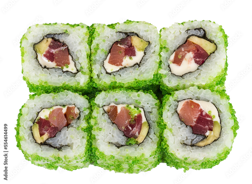 Tobiko Spicy Maki Sushi - Hot Roll with various type of Tobiko (flying fish roe) outside. Tuna, avocado and Green Lettuce inside Tobiko Spicy Maki Sushi - Hot Roll with various type of Tobiko (flying fish roe) outside. Tuna, avocado and Green Lettuce inside