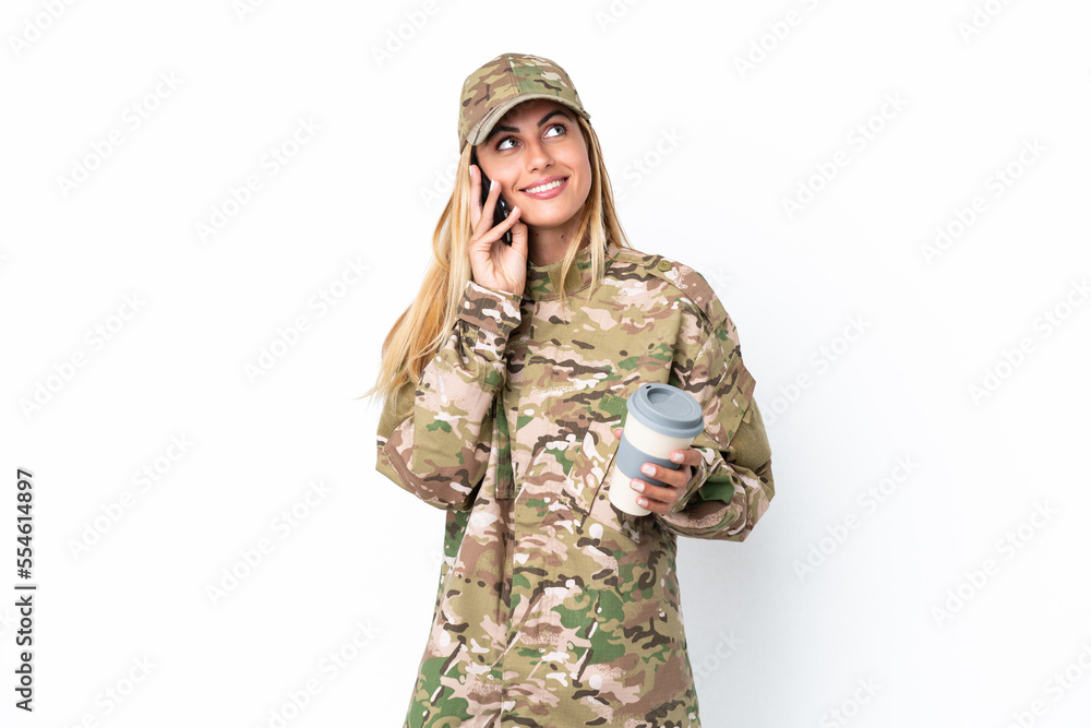 Military woman isolated on white background holding coffee to take away and a mobile
