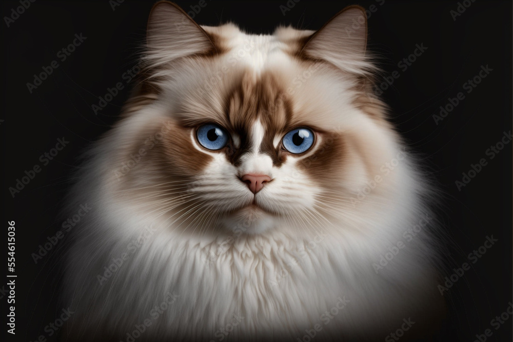 Beautiful birman cat with blue eyes on black background