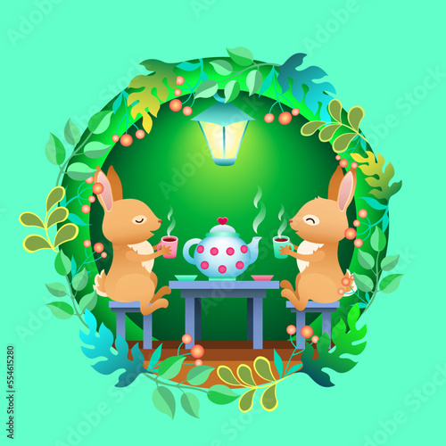two cute rabbit drinking tea in its cozy burrow. funny animals cartoon characters with lantern sitting at table. fairy tale concept. vector illustration.