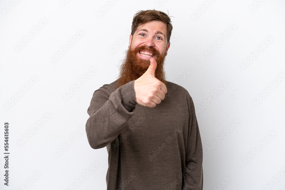 Redhead man with beard isolated on white background giving a thumbs up gesture Redhead man with beard isolated on white background giving a thumbs up gesture
