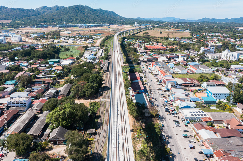 Aerial top view of Elevated railway at Muak Lek the highest in Thailand. Elevated approach bridges height 50 meters and rural landscape in autumn. Amphoe Muak Lek, Saraburi, Thailand.