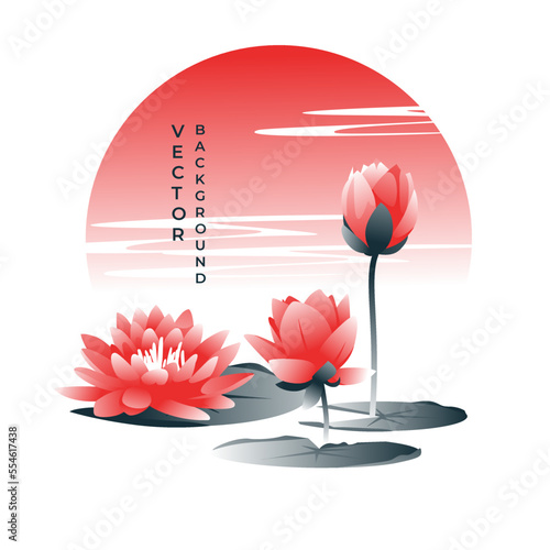 Asian abstract landscape with blooming water lilies on sunset background. Fog, gradient. Vector illustration