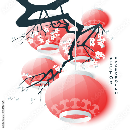Chinese lanterns with a decorative cherry blossom branch. Traditional Asian style. Isolated on white background.