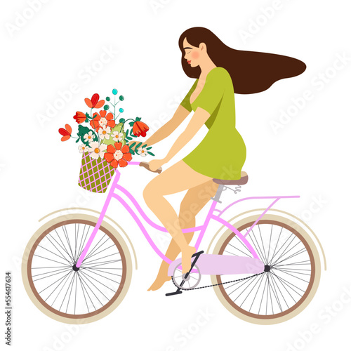 Fototapeta Naklejka Na Ścianę i Meble -  Young woman on bike with basket of flowers. Flat isolated illustration