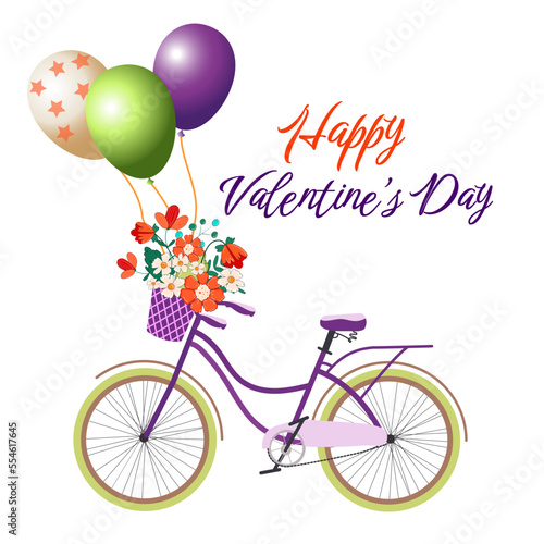 Bicycle with balloons and a basket of flowers. Valentine's day and love. Illustration for a postcard or poster. © Loya.art