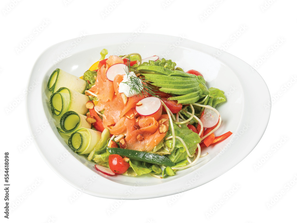 Png smoked salmon salad and avocado, cucumber on white plate. Png smoked salmon salad and avocado, cucumber on white plate.