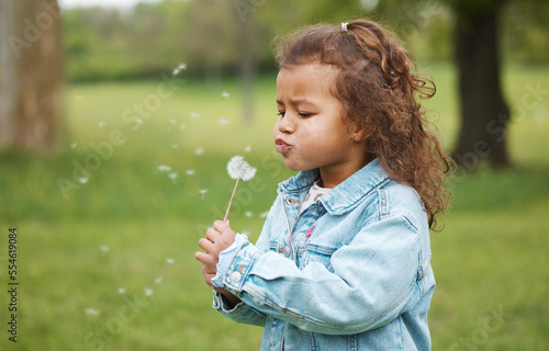 Playing  blowing plant and child in nature  environment exploration and wish on ecology in Australia. Carefree  sustainability and girl kid with a dandelion in a park  garden or backyard for fun