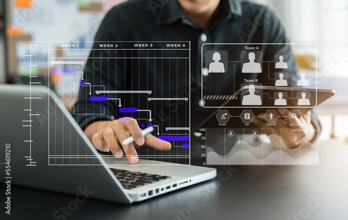 Businessman hand working with virtual innovation Operations management involving business process on tabet and computer dashboard. photo