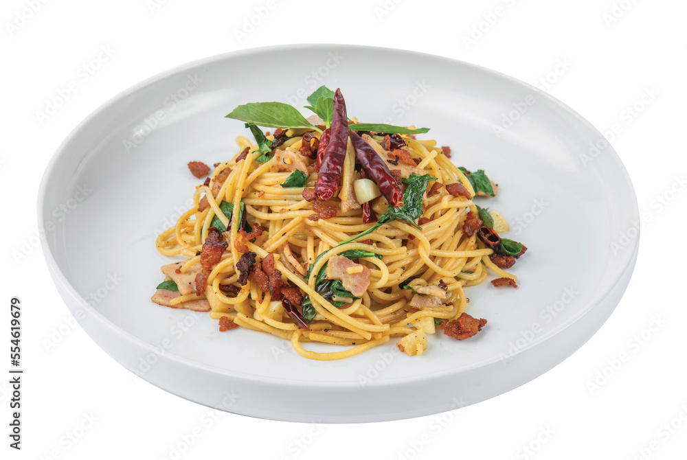 Png Spaghetti with bacon, dried chillies and Thai herbs on a white plate Png Spaghetti with bacon, dried chillies and Thai herbs on a white plate